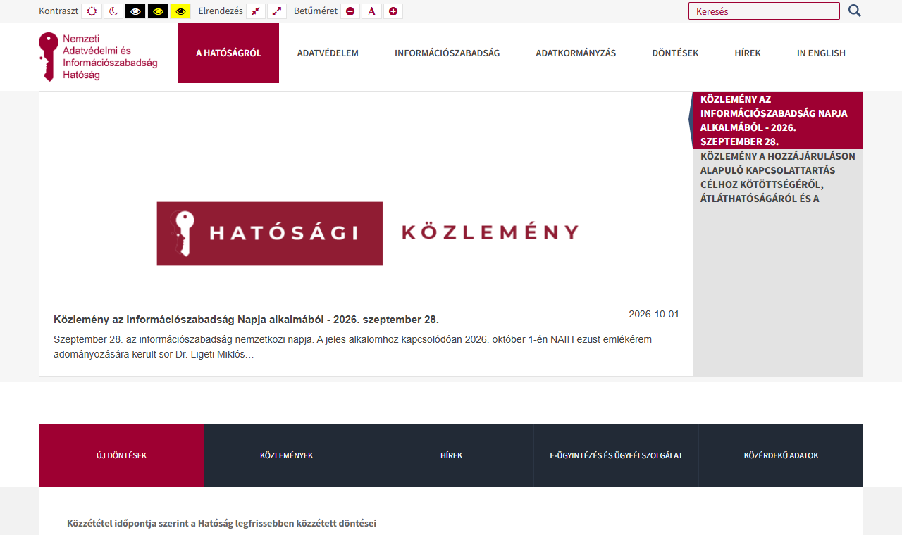 A Nemzeti Adatvédelmi és Információszabadság Hatóság (NAIH) hivatalos oldala