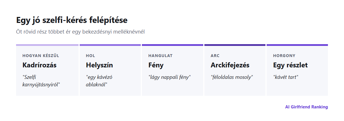 Egy AI szelfi-kérés felépítése: kadrírozás, helyszín, fény, arckifejezés és egy részlet, mindegyikre egy példával