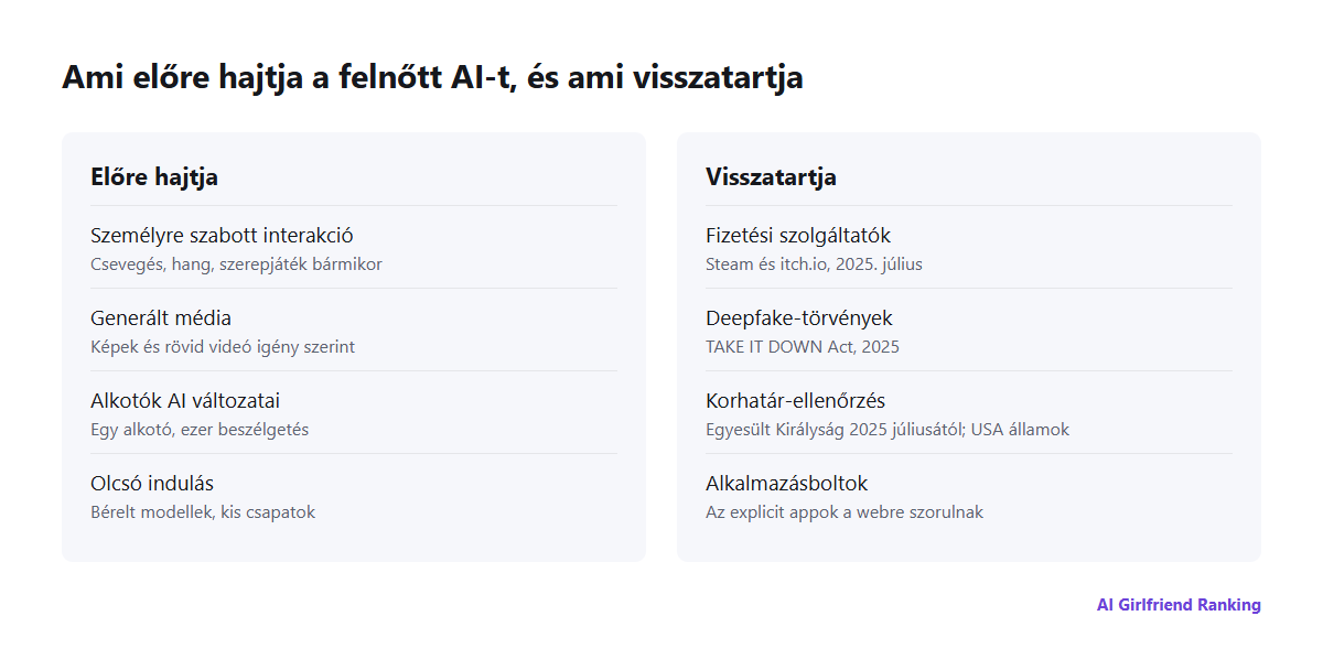 A felnőttipari AI-t alakító erők: a személyre szabás, a generált média és az AI klónok előre hajtják; a fizetési szolgáltatók, a deepfake-törvények, a korhatár-ellenőrzés és az alkalmazásboltok visszatartják