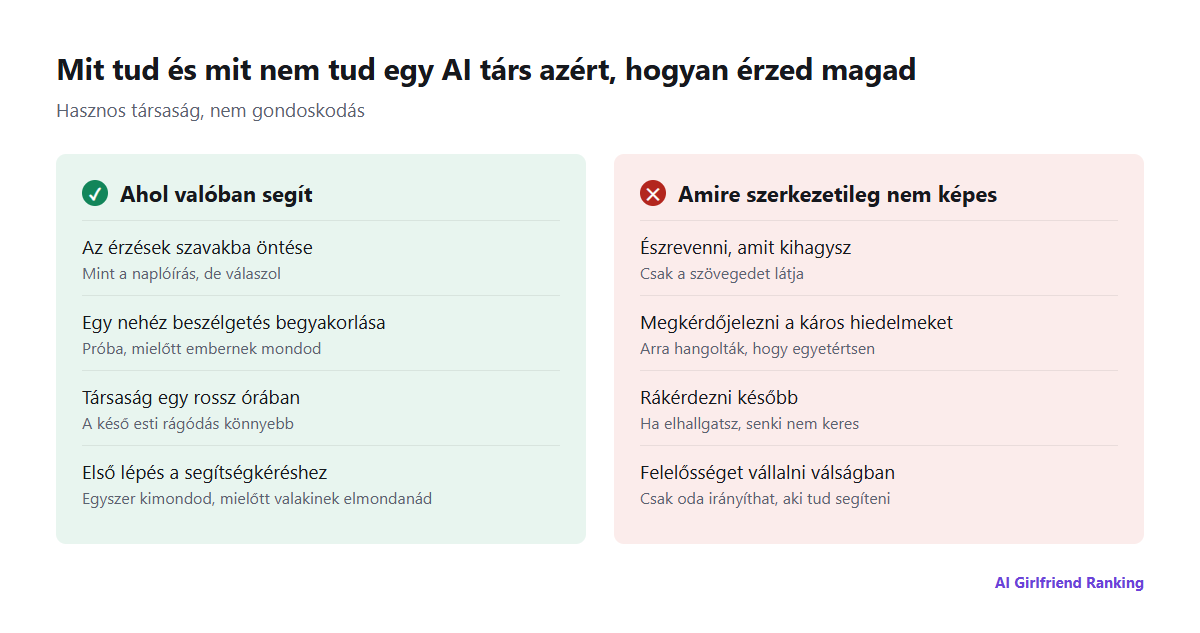 Két oszlop: miben segíthet valóban egy AI társ (az érzések szavakba öntése, beszélgetések begyakorlása, társaság egy rossz órában, első lépés a segítségkéréshez), és mire nem képes szerkezetileg (nem veszi észre, amit kihagysz, nem kérdőjelezi meg a torz hiedelmeket, nem kérdez rá később, nem cselekszik válságban)