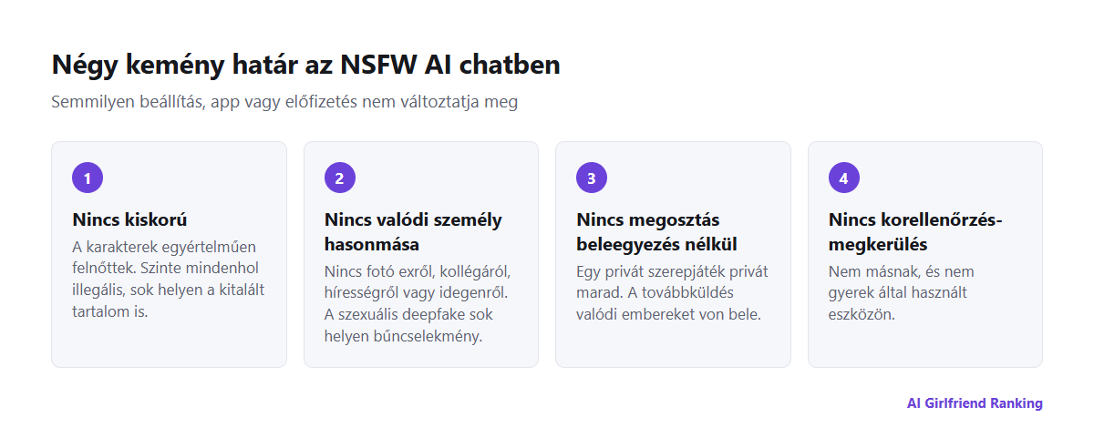 Négy kemény határ az NSFW AI chatben: nincs kiskorú, nincs valódi személy hasonmása, nincs megosztás beleegyezés nélkül, és nincs a korellenőrzés megkerülése