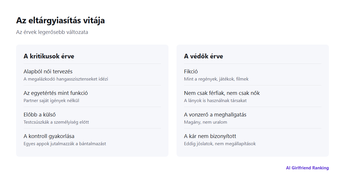 Két oszlop az AI barátnők eltárgyiasítási vitájának mindkét oldalán a legerősebb érveket összefoglalva
