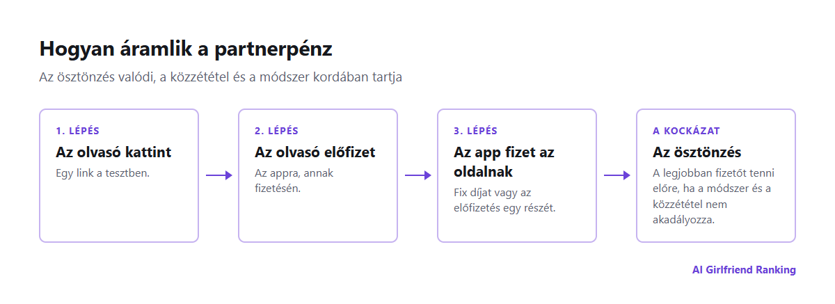 Hogyan áramlik a partnerpénz az olvasó előfizetésétől az appon át a tesztoldalig, és hol jelenik meg a teszt elfogultságára vezető ösztönzés