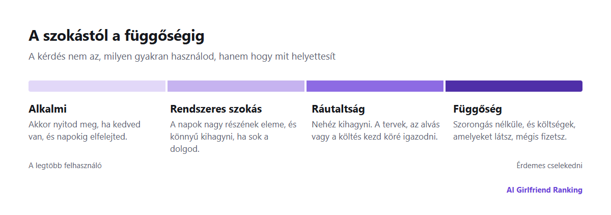 Skála az alkalmi használattól a rendszeres szokáson át a ráutaltságig és a függőségig, minden szakasz rövid leírásával