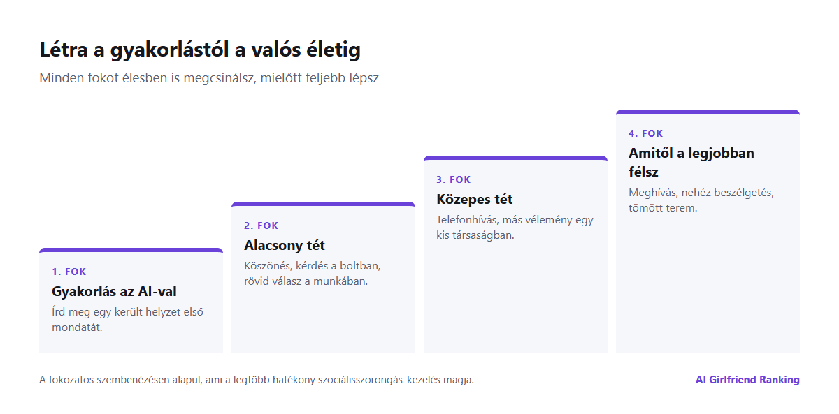 Négylépcsős létra az AI társsal való gyakorlástól az alacsony tétű és közepes tétű valódi beszélgetéseken át a legjobban rettegett helyzetekig