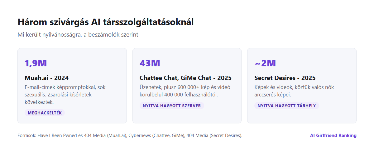 Három AI társszivárgás idővonala: a Muah.ai 2024-ben 1,9 millió e-mail-címmel és promptokkal, a Chattee Chat és a GiMe Chat 2025-ben 43 millió üzenettel, a Secret Desires 2025-ben csaknem kétmillió képpel