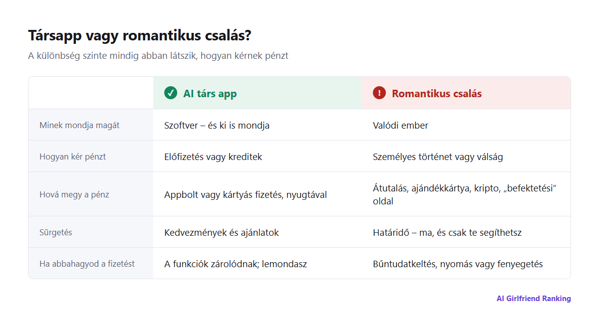 Egy tisztességes AI társ app és egy romantikus csalás összehasonlítása öt szempont szerint: minek mondja magát, hogyan kér pénzt, hová megy a pénz, sürgetés, és mi történik, ha abbahagyod a fizetést