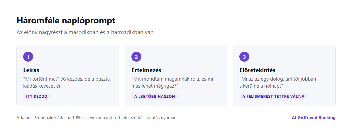 Háromféle naplóprompt AI társnak: leíró promptok, az eseményeknek értelmet adó promptok és előretekintő promptok, mindegyikre egy példával