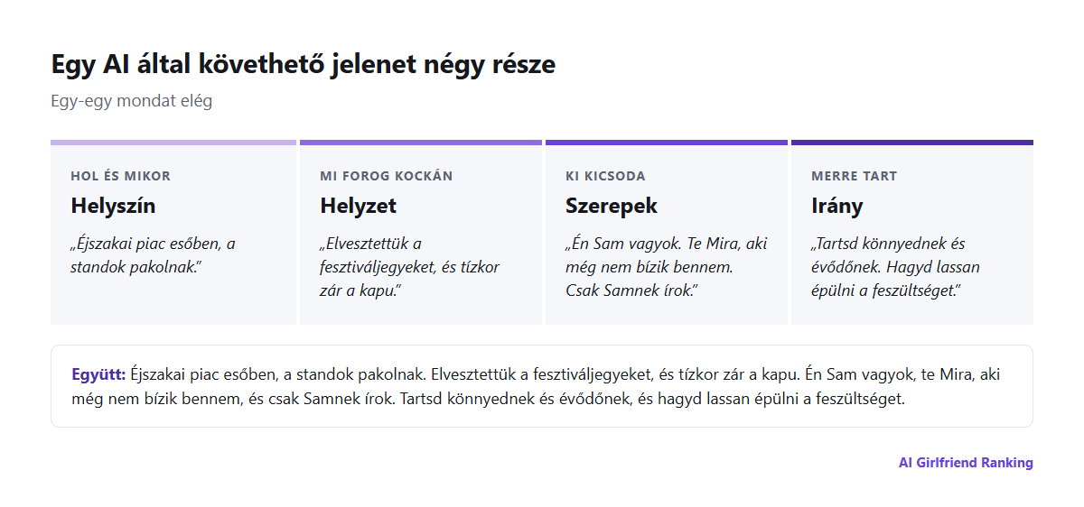 A szerepjáték-jelenetprompt négy részének ábrája: helyszín, helyzet, szerepek és irány, mindegyikhez egysoros példával