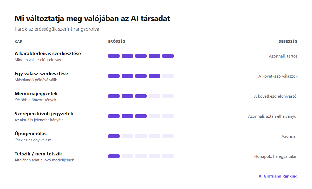 Az AI társ alakításának karjai aszerint rangsorolva, milyen gyorsan és erősen működnek: a karakter szerkesztése, a válaszok szerkesztése, memóriajegyzetek, újragenerálás, szerepen kívüli jegyzetek és értékelések