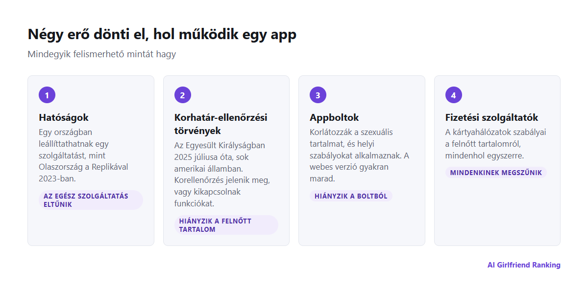 Négy erő korlátozza az AI társ appokat országonként: hatóságok, korhatár-ellenőrzési törvények, appboltok és fizetési szolgáltatók