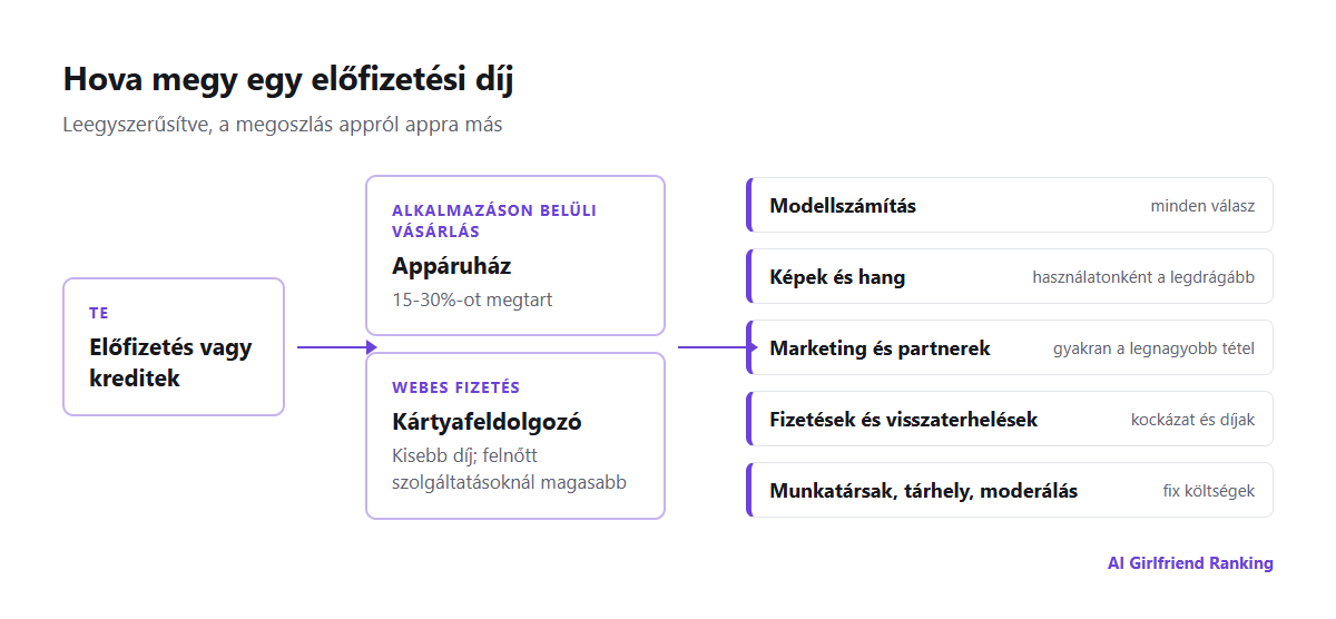 Ábra arról, hogyan áramlik a pénz egy AI társalkalmazásban: a felhasználó appáruházon vagy webes fizetésen át fizet, az áruház jutalékot vesz, a cég pedig a modellszámításért, a kép- és hanggenerálásért, a fizetésfeldolgozásért, a partnerjutalékokért és a munkatársakért fizet